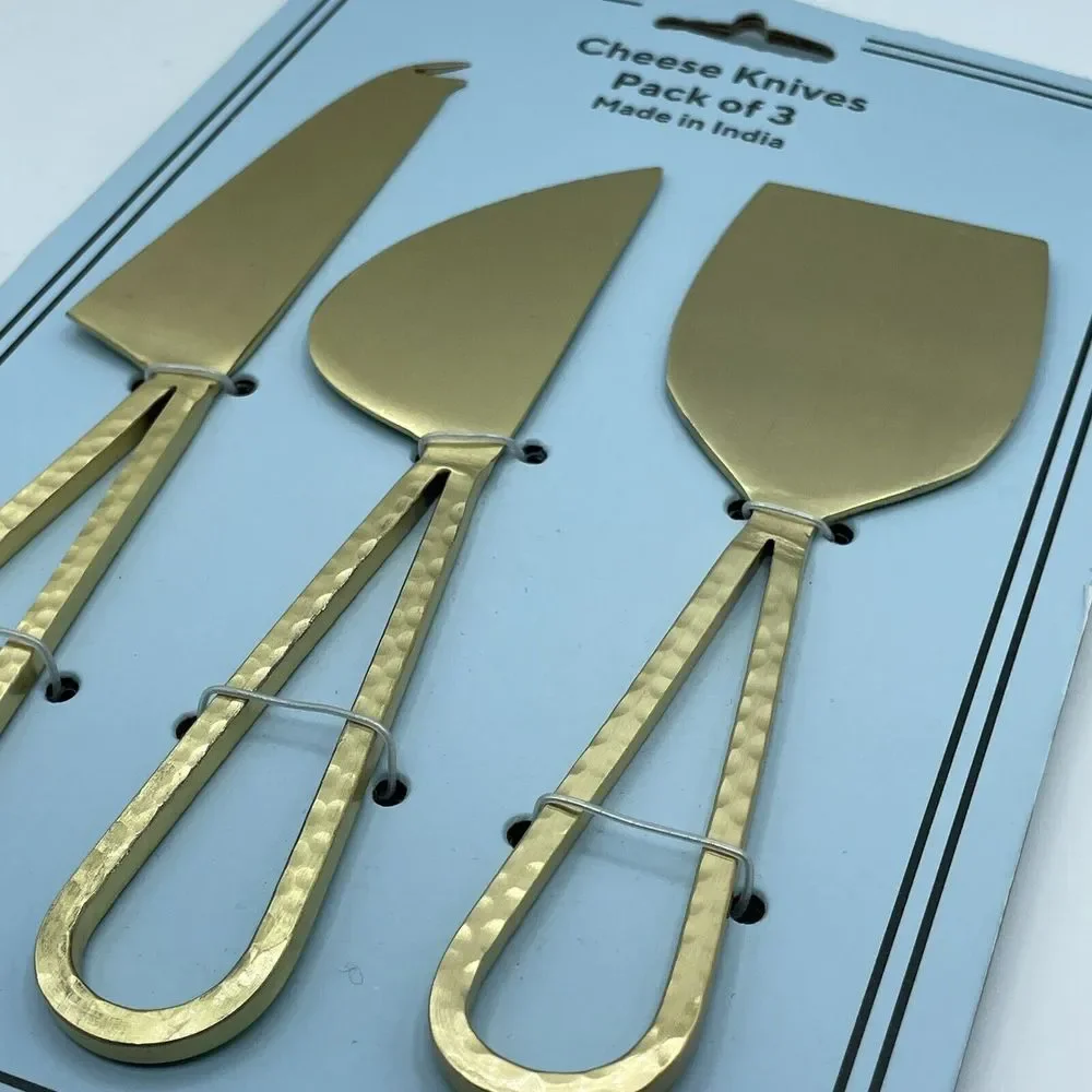Loop Handle Set Of 3 Brass Color Hand Hammered Cheese Knives Slicer NEW India‎